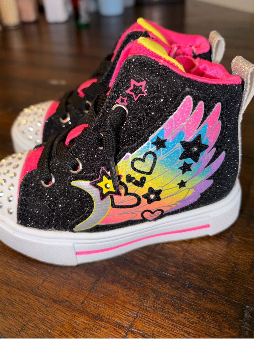 Girls Glitter High-Top Sneakers with Rainbow Wing & Stud Accents - Black/Pink
